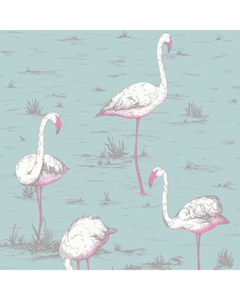 cole & son carta da parati fenicotteri flamingos  (white and fuchsia on sea foam)