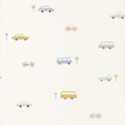 casadeco wallpaper vintage cars (blue/mustard) 