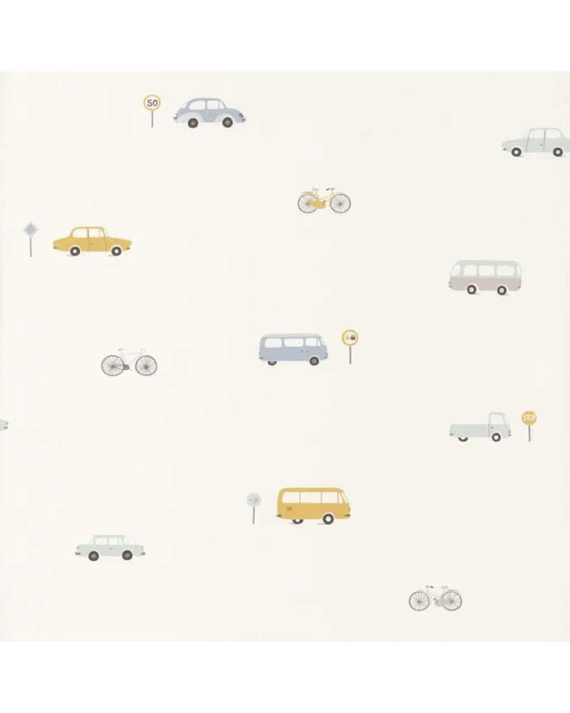 casadeco wallpaper vintage cars (blue/mustard) 