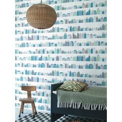 inke - wall mural houses huisjes blauw 